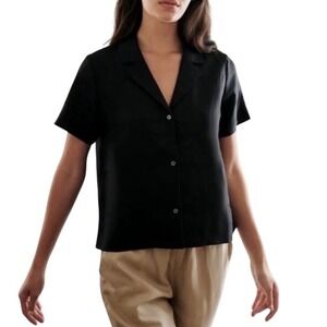 QUINCE Flax Linen Button Up Short Sleeve Shirt Size M Black Minimalist Boxy Crop